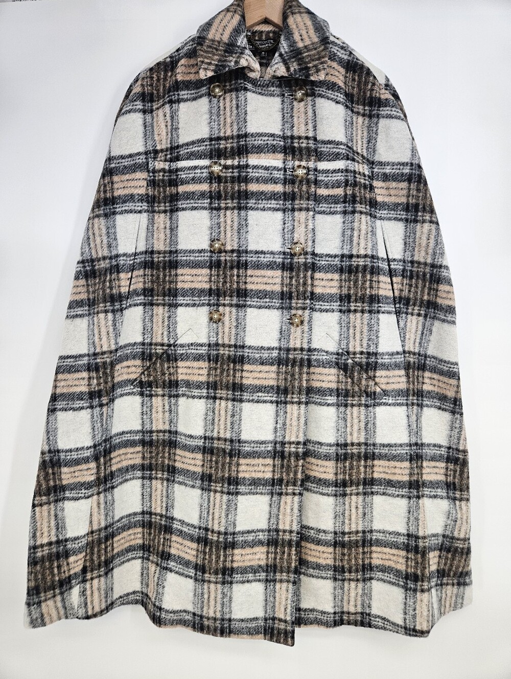 J Peterman Company Plaid Wool Blend Button Front Cape NWOT
